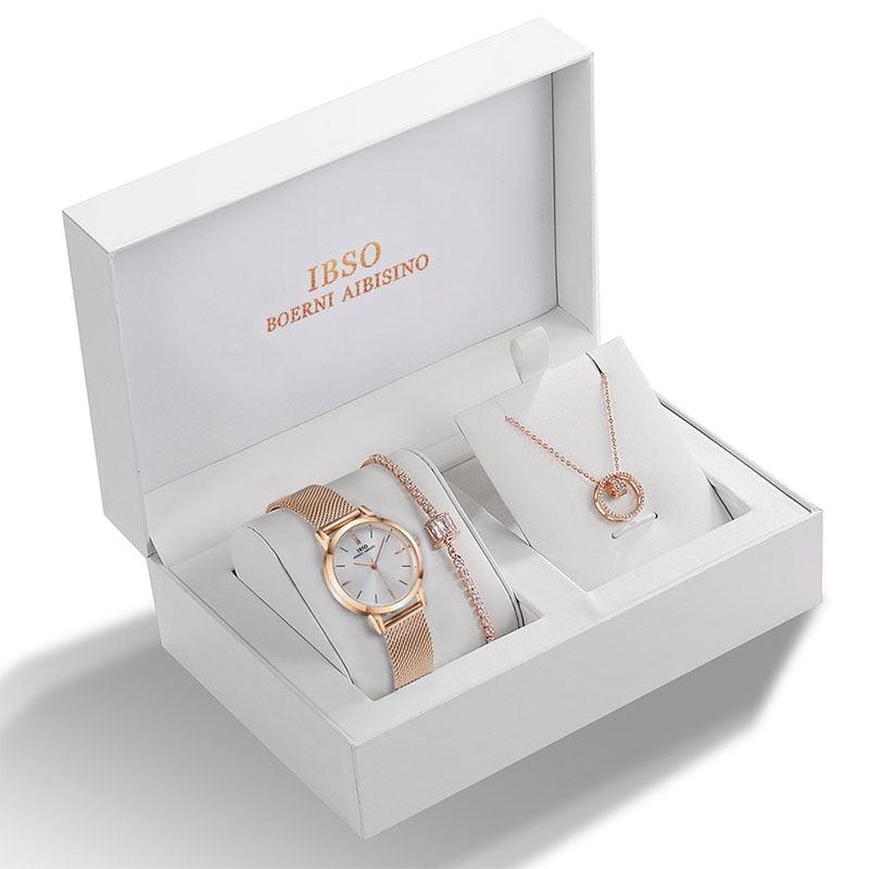 IBSO 2022 Women&#39;s Quartz Watch Set Crystal Bracelet Necklace Watch Sets Female Jewelry Set Silver Set Watch Valentine&#39;s Day Gift