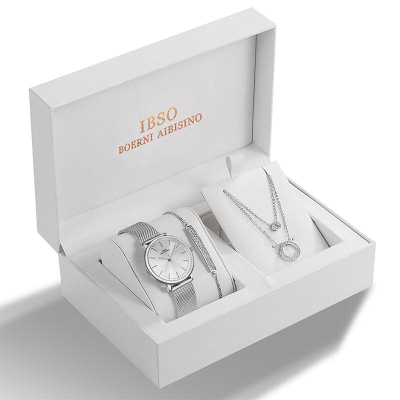 IBSO 2022 Women&#39;s Quartz Watch Set Crystal Bracelet Necklace Watch Sets Female Jewelry Set Silver Set Watch Valentine&#39;s Day Gift